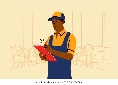 Young african american man guy worker examinating cows cattle on dairy farm with tablet or touchpad. Rural life and working on countryside illustration.