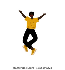 Young African American Man Happily Jumping Celebrating Important Event, Dance Party, Friendship, Sport Concept Vector Illustration