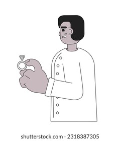 Young african american man holding classic engagement ring monochromatic flat vector character. Proposal. Editable line full body person on white. Simple bw cartoon spot image for web graphic design