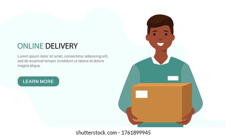 Young African American man keeps parcel. Online delivery and courier service. Flat vector Logistics concept on white background. Suitable for web landing page, ui, mobile app, banner template. 