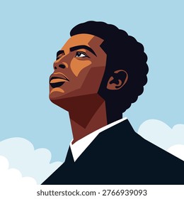 Young african american man looking up. African american man profile portrait illustration.