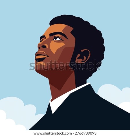 Young african american man looking up. African american man profile portrait illustration.