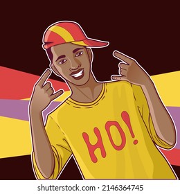 Young African American man in modern hip-hop culture on the colorful background, vector illustration