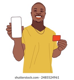 Young African American man with a phone and a debit card smiling