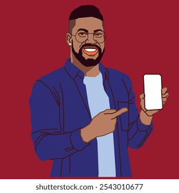 A young African American man pointing at his cell phone 