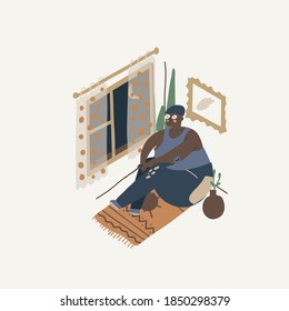 Young african american man resting and relaxing at home sitting on floor in living room and looking out the window at night, enjoying leisure time alone on quarantine. Flat vector illustration.