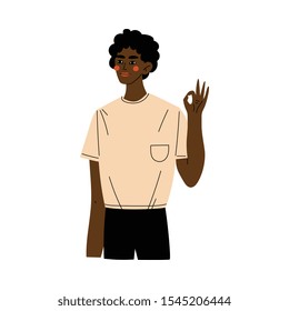 Young African American Man Showing Okay or Ok Sign, Guy Doing Approval Gesture Vector Illustration