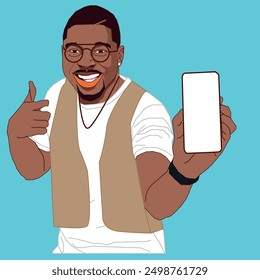 A young African American man showing his mobile phone screen looks happy