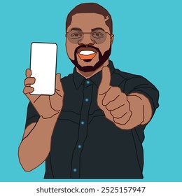 A young African American man showing his mobile phone screen doing a thumbs up looking excited wearing glasses