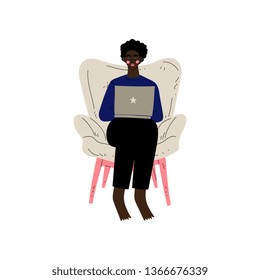 Young African American Man Sitting in Armchair Working with Laptop Computer, Girl Spending Weekend at Home and Relaxing Vector Illustration