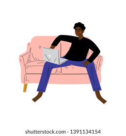 Young African American Man Sitting On Sofa with Laptop, Guy Working or Relaxing at Home Using Computer Vector Illustration