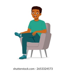 Young African American man sitting relaxed in an armchair smiling on white background Illustration