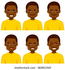 Young African American man with six different expressions wearing yellow shirt