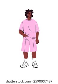 Young African American man in sports suit stands, listen to music. Happy black boy is wearing stylish pink costume. Person in trendy outfit. Flat isolated vector illustration on white background