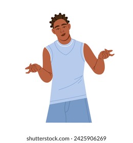 A young African American man spreads his arms. Hands out to the sides. The male character is in a thoughtful pose. Human Posing. Vector illustration in flat style, isolated on a white background