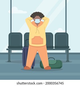 Young African American man standing with hands behind his head in protective face mask.  Traveling during the coronavirus pandemic. Vector flat illustration of new normal travel and vacation. 