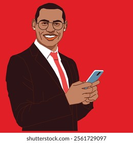 young African American man in a suit holding a cell phone looking happy 