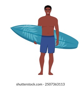 Young African American man surfer with surfboard standing on the beach. Smiling surfer guy. Vector illustration