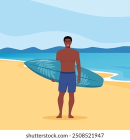 Jovem afro-americano surfista com prancha de surfe na praia. Surfista sorridente. Ilustração vetorial