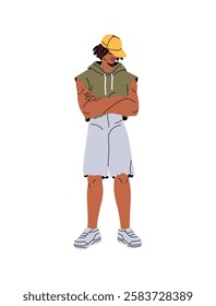 Young African American man is wearing sports clothes, outfit. Happy strong black boy in cap, hoodie, shorts stands posing with crossing arms. Flat isolated vector illustration on white background