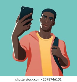 Young African American man wearing casual hoodie and backpack taking selfie photo with smartphone isolated on turquoise background modern trendy male character using mobile device for social media