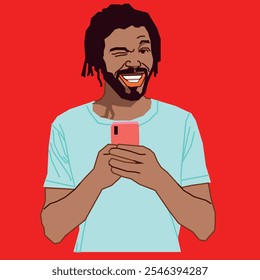 
A young African American man winks holding a cell phon.e