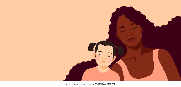 Young African American mom and adopted Asian daughter. Copy space template, motherhood or adoption concept. Banner on the theme of family. Flat vector illustration of people and children.