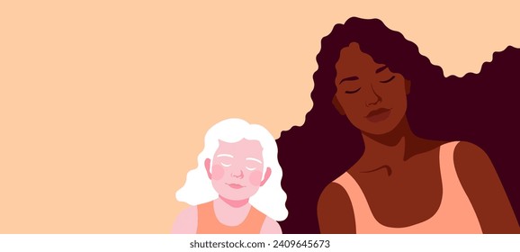 Young African American mom and albino daughter with black and white skin. Cute copy space template for design. Banner on the theme of family. Flat vector illustration of people and children.