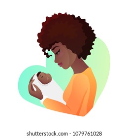 Young african american mother with baby in her hands. Looking an infant and smilling, child sleeps. Character design for Mother s day greeting cards. Vector illustration isolated on white.