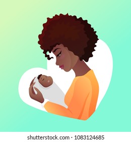 Young african american mother with baby in her hands. Looking an infant and smilling, child sleeps. Character design for Mother s day greeting cards. Vector illustration isolated on white.