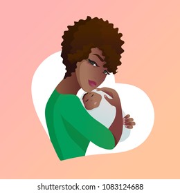 Young african american mother with baby in her hands. Hugging an infant, holding him close to mother, sleeping child. Character design for Mother s day greeting cards. Vector illustration on white.