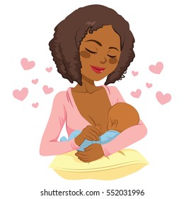 Young African American Mother Holding Her Newborn Baby Child In Her Arms Breastfeeding