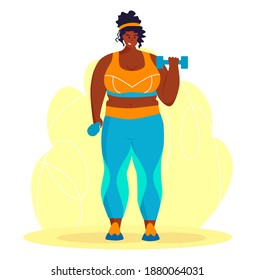 A young  african american obese woman doing exercise. A  girl working in sweat to get rid of belly fat. Obesity. Black woman 