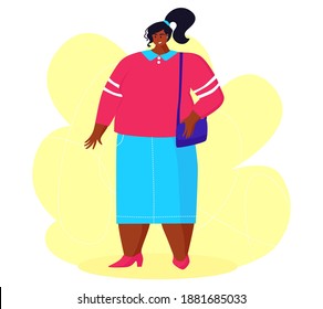 A young african american obese woman in fashion cloth. A girl wants to get rid of belly fat. Black woman.