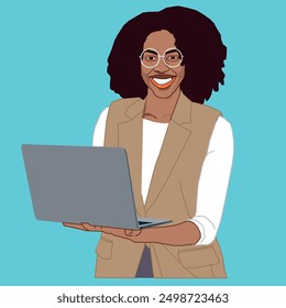 A young African American office lady carrying a laptop smiling, and wearing white glasses