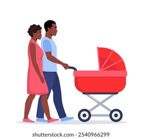 Jovens pais afro-americanos caminhando com carrinho de bebê, pessoas de desenhos animados planos. Vetor família feliz se divertindo juntos, criança recém-nascida em carruagem, mãe e pai, filho ou filha, casal adorável