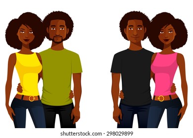 young African American people in casual clothes. Attractive black couple in jeans, hugging. Cartoon character. Vector eps file. svg