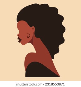 Young African American. Portrait of a young woman with with brown skin and curly hair Side view front view Vector illustration