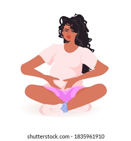 young african american pregnant woman sitting and holding her belly pregnancy motherhood concept full length vector illustration