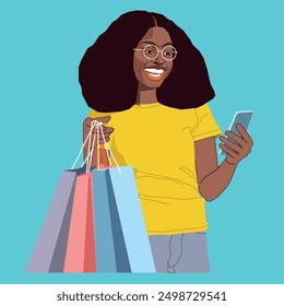 A young African American shopping lady with a mobile phone looks happy