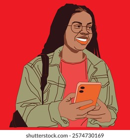 A young African American student with a bright smile, holding a cell phone in her hand, exuding enthusiasm and positivity, set in a casual, academic environment.