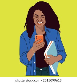 Jovem afro-americana checando seu celular para se comunicar usando óculos e carregando livros na mão esquerda