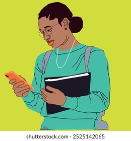 A young African American student checking her cell phone conversations while holding a book. 