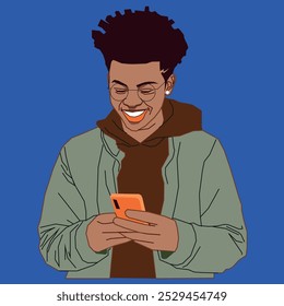 A young African American student checking his mobile phone smiling at his messages wearing glasses.