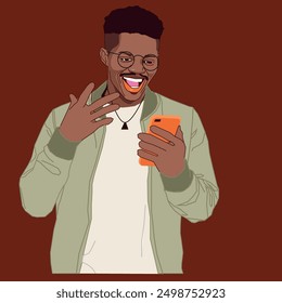 A young African American student excited with his phone messages wearing a jacket