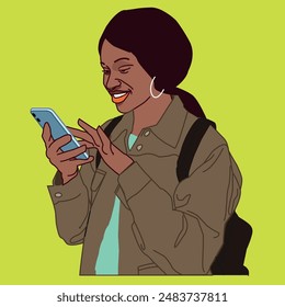 Young African American student lady pressing her phone carrying a backpack and smiling