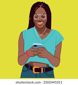 Una joven estudiante afroamericana sonriendo con sus conversaciones de teléfono celular con gafas blancas