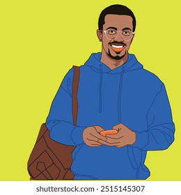 A young African American student smiling carrying a bag and holding a mobile phone wearing glasses