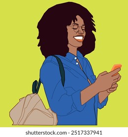 Uma jovem estudante afro-americana sorrindo segurando seu celular w.