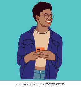 Uma jovem estudante afro-americana sorrindo segurando um celular usando óculos e parecendo muito feliz